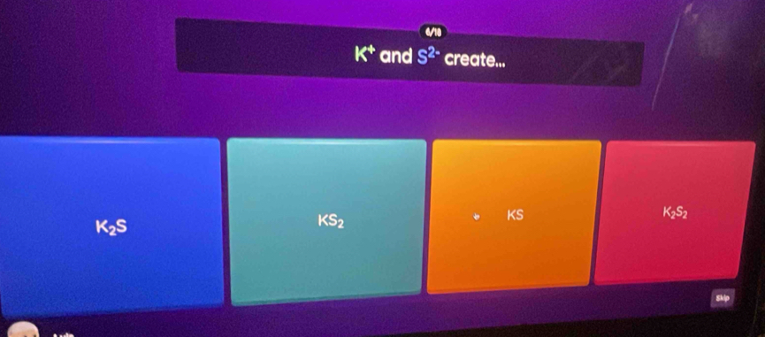 K^+ and S^(2-) create...
KS
K_2S_2
K_2S
KS_2