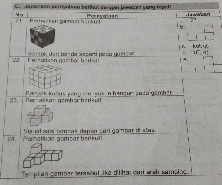 Jodohkan pernyataan berikut dengan jawaban yang tepat!
No. Pernyataan Jawaban
21. | Perhatikan gambar berikut!
a. 27
b.
C. kubus
Bentuk dari benda seperti pada gambar.
d. (E,4)
22. Perhatikan gambar berikut! e.
Banyak kubus yang menyusun bangun pada gambar.
23. Perhatikan gambar berikut!
Visualisasi tampak depan dari gambar di atas.
24. | Perhatikan gambar berikut!
Tampilan gambar tersebut jika dilihat dari arah samping.