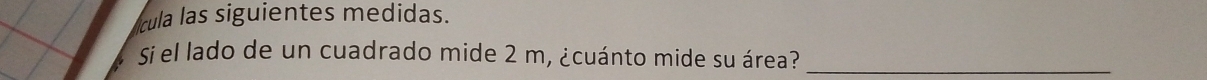 cula las siguientes medidas. 
Si el lado de un cuadrado mide 2 m, ¿cuánto mide su área?_