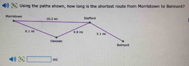 ) Using the paths shown, how long is the shortest route from Morristown to Belmont?
D) □ mi