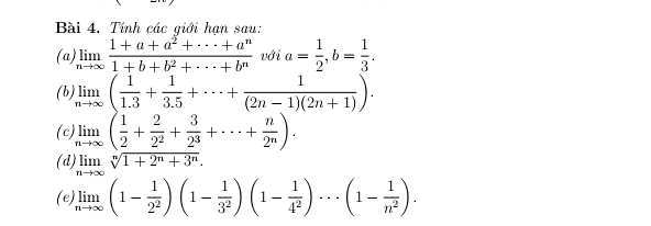 Tính các giới hạn sau: 
(a) limlimits _nto ∈fty  (1+a+a^2+·s +a^n)/1+b+b^2+·s +b^n  với a= 1/2 , b= 1/3 . 
(b) limlimits _nto ∈fty ( 1/1.3 + 1/3.5 +·s + 1/(2n-1)(2n+1) ). 
(c) limlimits _nto ∈fty ( 1/2 + 2/2^2 + 3/2^3 +·s + n/2^n ). 
(d) limlimits _nto ∈fty sqrt[n](1+2^n+3^n). 
(e) limlimits _nto ∈fty (1- 1/2^2 )(1- 1/3^2 )(1- 1/4^2 )·s (1- 1/n^2 ).