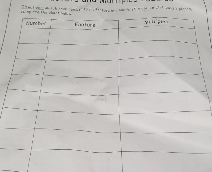 Directions: Match each number to its factors and multiples. As you match puzzle pieces,