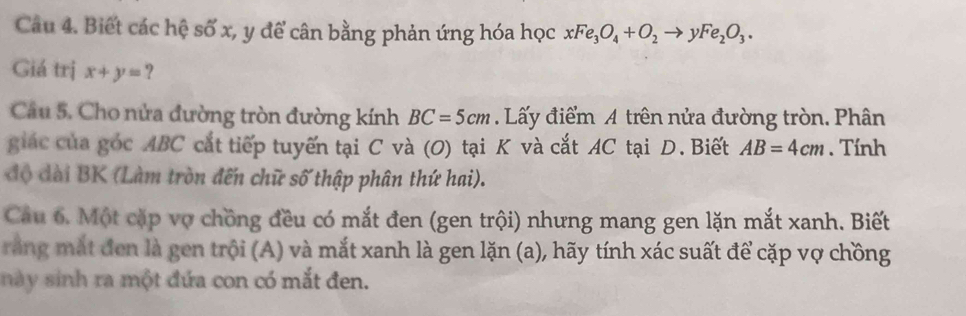 Biết các hệ số x, y để cân bằng phản ứng hóa học xFe_3O_4+O_2to yFe_2O_3. 
Giá trị x+y= ? 
Câu 5. Cho nửa đường tròn đường kính BC=5cm Lấy điểm A trên nửa đường tròn. Phân 
giác của góc ABC cắt tiếp tuyến tại C và (O) tại K và cắt AC tại D. Biết AB=4cm. Tính 
độ đài BK (Làm tròn đến chữ số thập phân thứ hai). 
Cầu 6. Một cặp vợ chồng đều có mắt đen (gen trội) nhưng mang gen lặn mắt xanh. Biết 
rằng mắt đen là gen trội (A) và mắt xanh là gen lặn (a), hãy tính xác suất để cặp vợ chồng 
này sinh ra một đứa con có mắt đen.