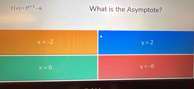 f(x)=3^(x+1)-6 What is the Asymptote?