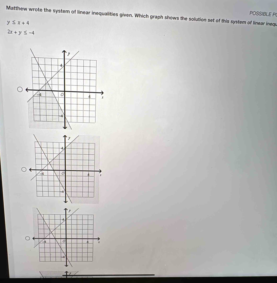 POSSIBLE P
Matthew wrote the system of linear inequalities given. Which graph shows the solution set of this system of linear inequ
y≤ x+4
2x+y≤ -4