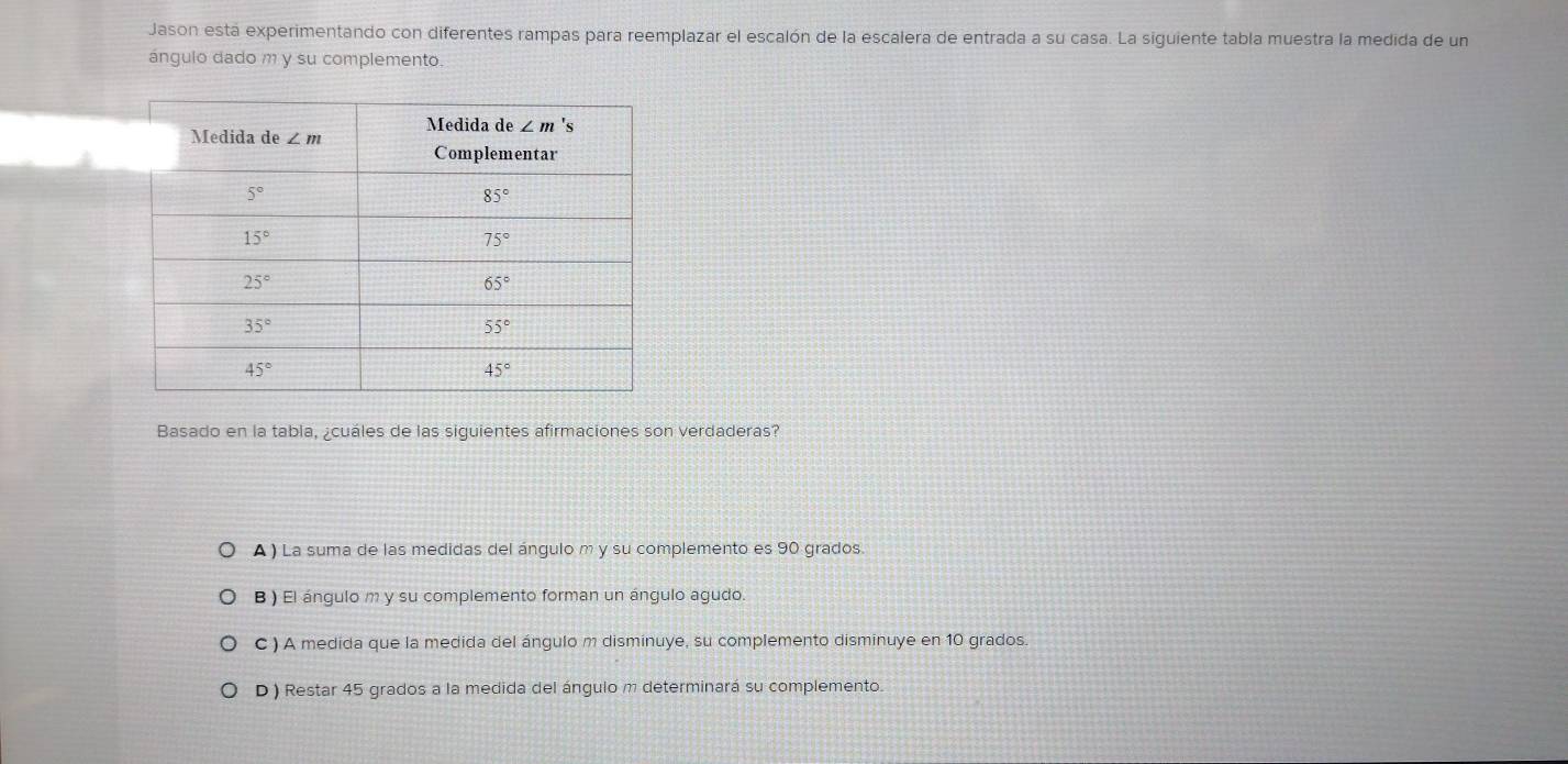 Jason está experimentando con diferentes rampas para reemplazar el escalón de la escalera de entrada a su casa. La siguiente tabla muestra la medida de un
ángulo dado m y su complemento.
Basado en la tabla, ¿cuáles de las siguientes afirmaciones son verdaderas?
A ) La suma de las medidas del ángulo m y su complemento es 90 grados
B ) El ángulo m y su complemento forman un ángulo agudo.
C ) A medida que la medida del ángulo m disminuye, su complemento disminuye en 10 grados.
D ) Restar 45 grados a la medida del ángulo m determinará su complemento.