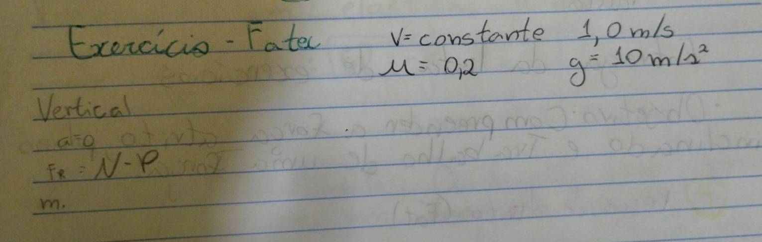 Exexcicio-Fated V= constante 1, Om/s
mu =0.2
g=10m/s^2
Vertical
a=0
F_R=N-varphi
m.