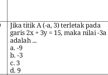 Jika titik A(-a,3) terletak pada
garis 2x+3y=15 , maka nilai - 3a
adalah ...
a. -9
b. -3
c. 3
d. 9