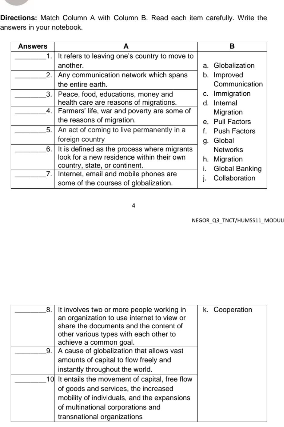 Directions: Match Column A with Column B. Read each item carefully. Write the 
answers in your notebook. 
4 
NEGOR_Q3_TNCT/HUMSS11_MODUL