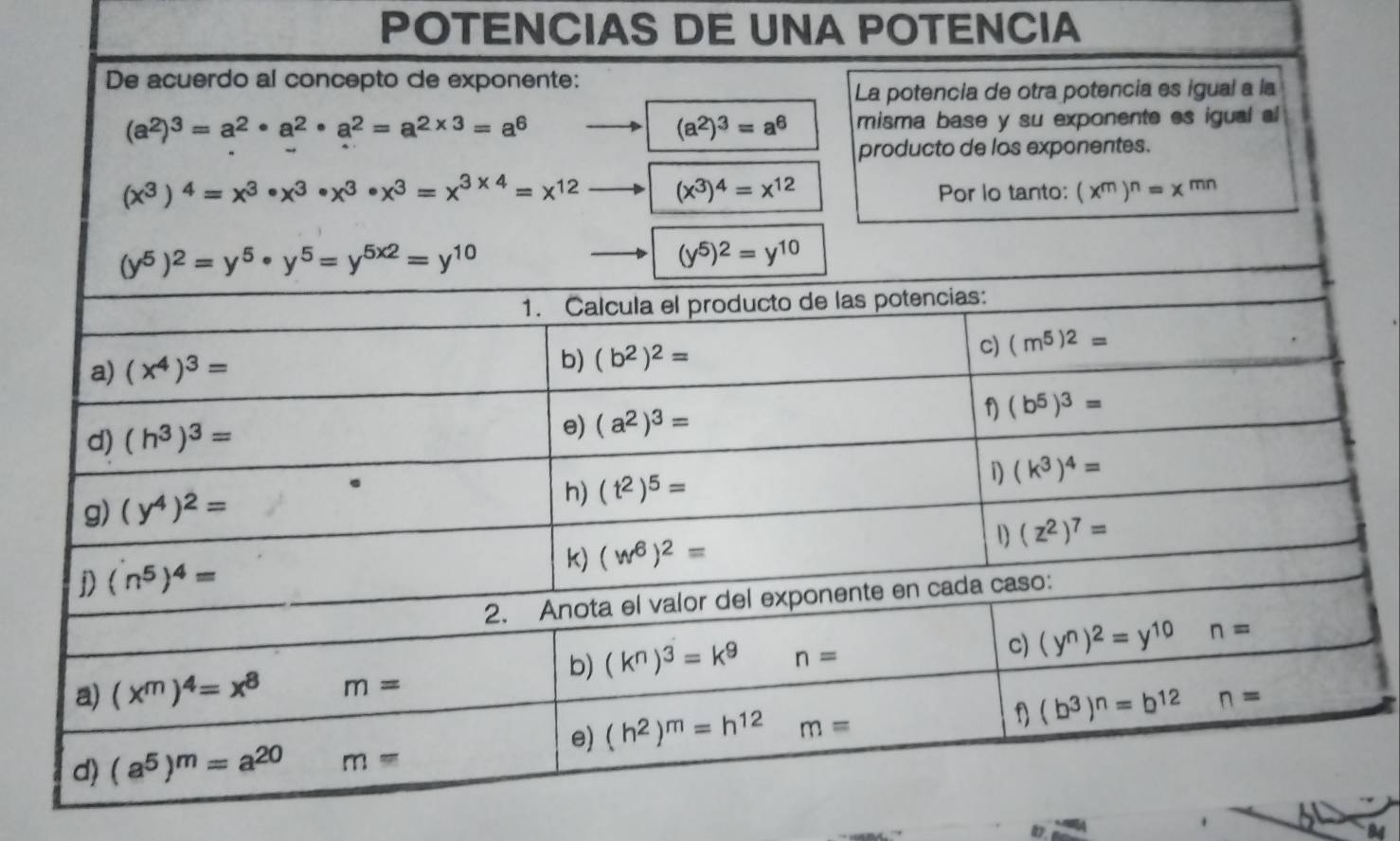 POTENCIAS DE UNA POTENCIA
De acuerdo al concepto de exponente:
La potencia de otra potencia es igual a la
(a^2)^3=a^2· a^2· a^2=a^(2* 3)=a^6 misma base y su exponente es igual al
(a^2)^3=a^6
84