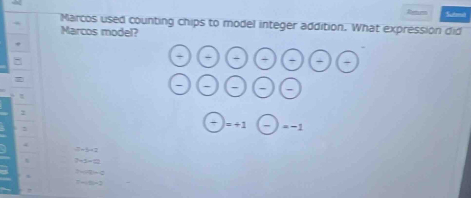 Reme Suth
Marcos used counting chips to model integer addition. What expression did
Marcos model?
 enc+odot (-)(-)
odot odot odot (-)(-)
7
□  
(+) =+1 (-)=-1
4
2x-5-2
5 7+5=2
7-f(-2)=2
T=f(-2)=2
7