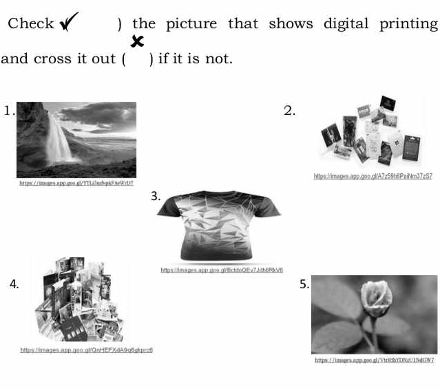 Check ) the picture that shows digital printing 
x 
and cross it out ( ) if it is not. 
1. 
2. 
https://images.app.goo.gl/A7z59h6PaiNm37zS7 
3. 
https:mages.app.qoo.gl/EctdoQEv7Jdh6RkV6 
4. 
5. 
https://images.app.goo.gl/OnHEFXdA9q6gkprc6