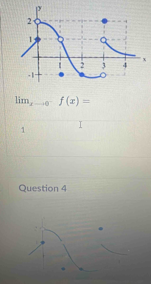 limlimits _x to 0^-f(x)= _ 
1 
Question 4