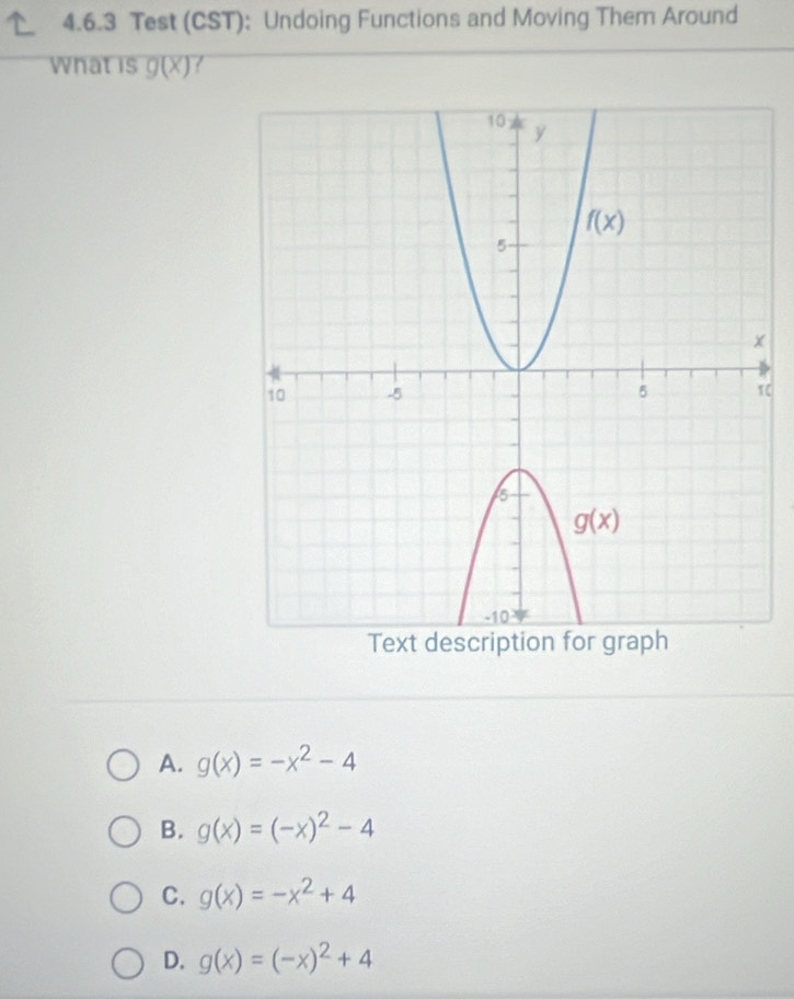 Test (CST): Undoing Functions and Moving Them Around
What is g(X)?
A. g(x)=-x^2-4
B. g(x)=(-x)^2-4
C. g(x)=-x^2+4
D. g(x)=(-x)^2+4