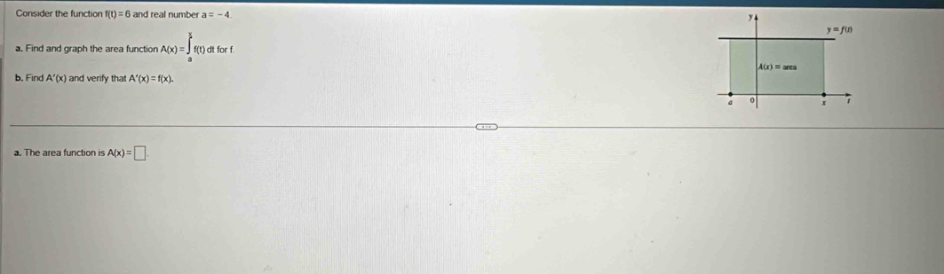 Consider the function f(t)=6 an d real number a=-4.
a. Find and graph the area function A(x)=∈tlimits _a^(xi)f(t)dtforf.
b. Find A'(x) and verify that A'(x)=f(x).
a. The area function is A(x)=□ .