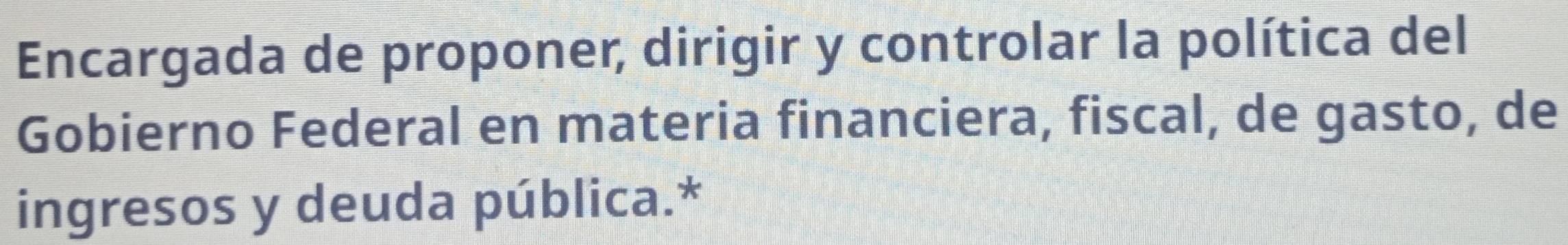 Encargada de proponer, dirigir y controlar la política del 
Gobierno Federal en materia financiera, fiscal, de gasto, de 
ingresos y deuda pública.*