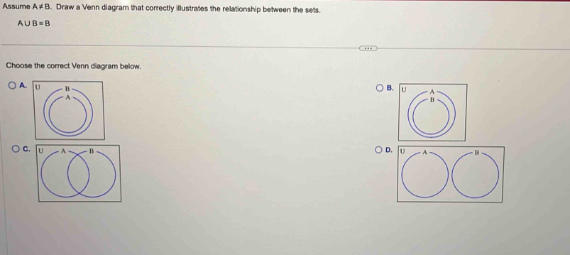 Assume A!= B. Draw a Venn diagram that correctly illustrates the relationship between the sets.
A∪ B=B
Choose the correct Venn diagram below. 
A. B
C. D