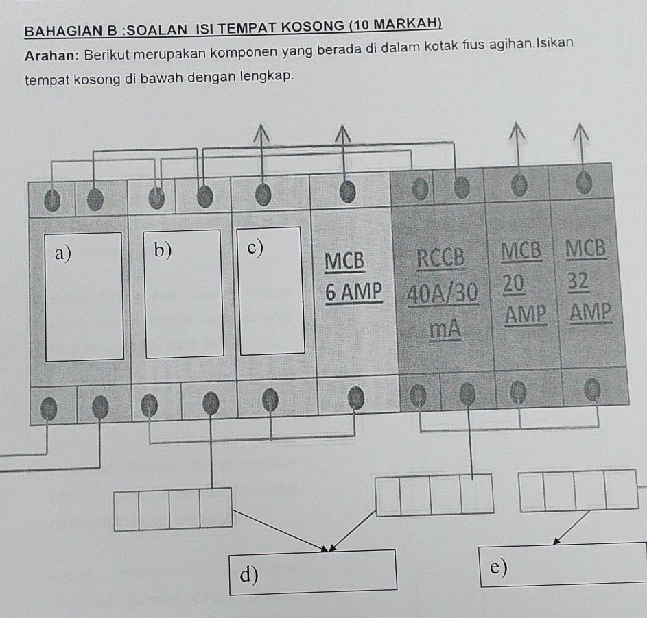 BAHAGIAN B :SOALAN ISI TEMPAT KOSONG (10 MARKAH) 
Arahan: Berikut merupakan komponen yang berada di dalam kotak fius agihan.Isikan 
tempat kosong di bawah dengan lengkap.