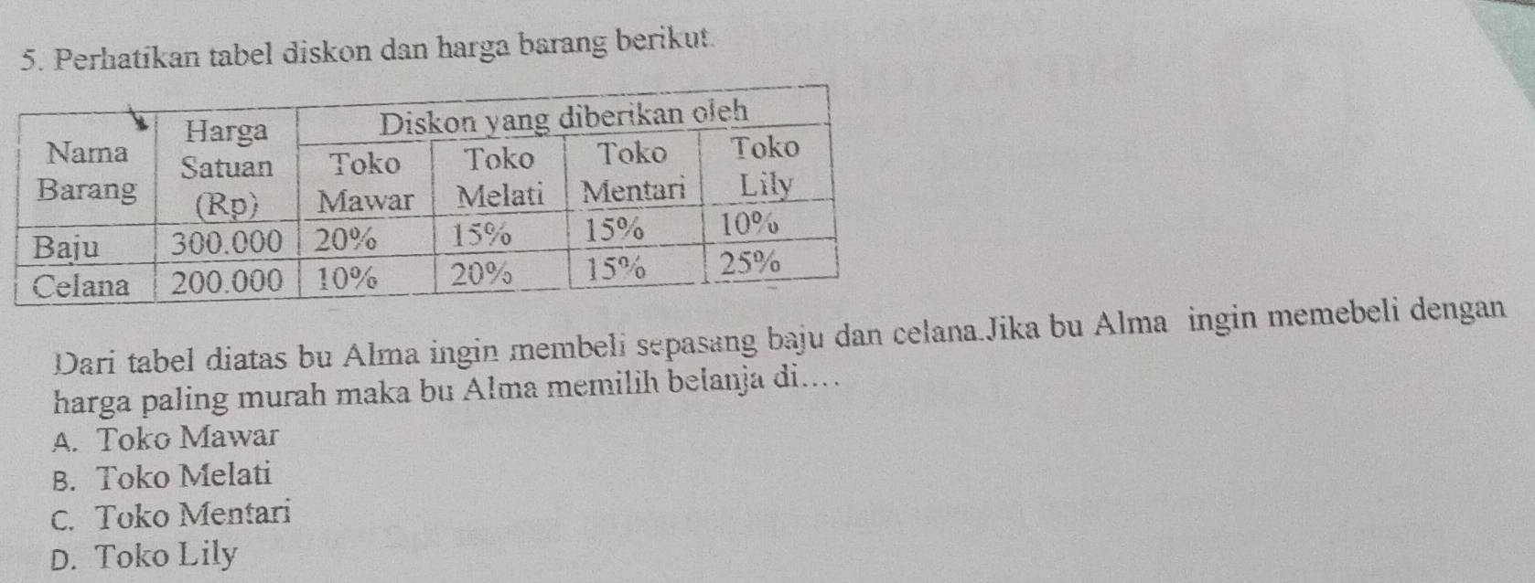 Perhatikan tabel diskon dan harga barang berikut.
Dari tabel diatas bu Alma ingin membeli sepasang baju dan celana.Jika bu Alma ingin memebeli dengan
harga paling murah maka bu Alma memilih belanja di....
A. Toko Mawar
B. Toko Melati
C. Toko Mentari
D. Toko Lily