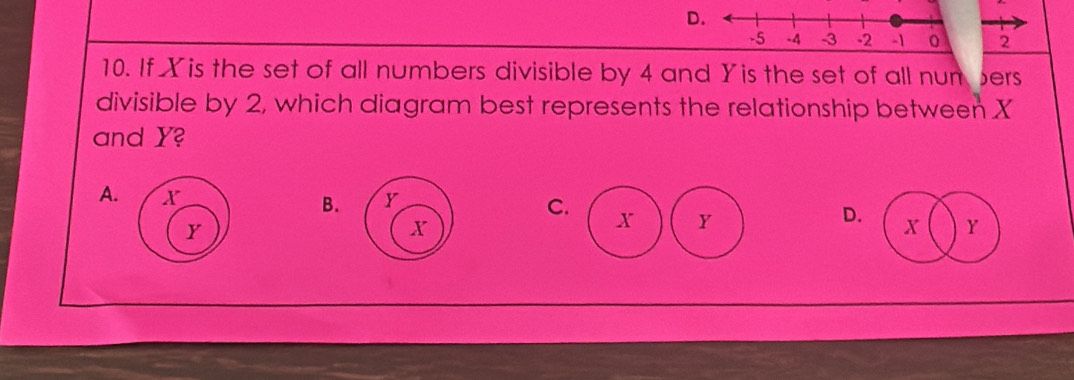 2
10. If Yis the set of all numbers divisible by 4 and Yis the set of all nun Sers
divisible by 2, which diagram best represents the relationship between X
and Y?
B.
A. X Y C. x Y X Y
D.
Y
x