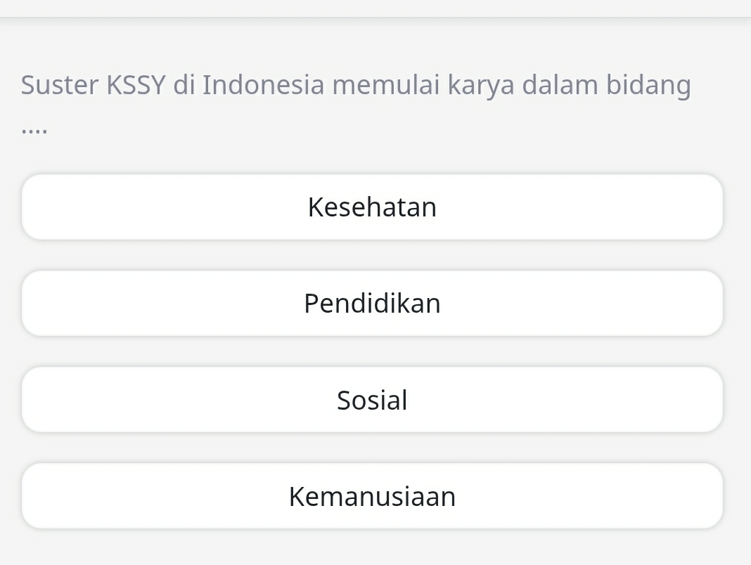 Suster KSSY di Indonesia memulai karya dalam bidang
….
Kesehatan
Pendidikan
Sosial
Kemanusiaan