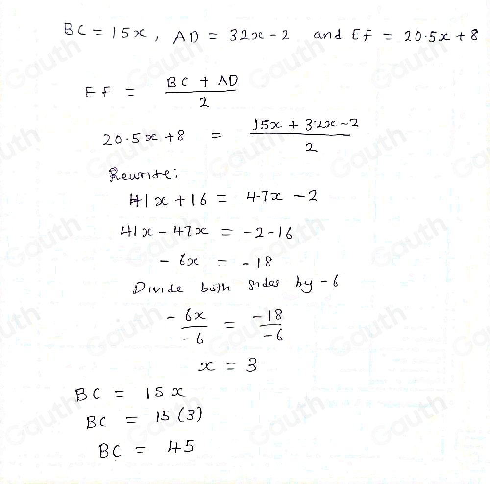 Solved: Isosceles trapezoid ABCD is shown with midsegment EF. If base ...