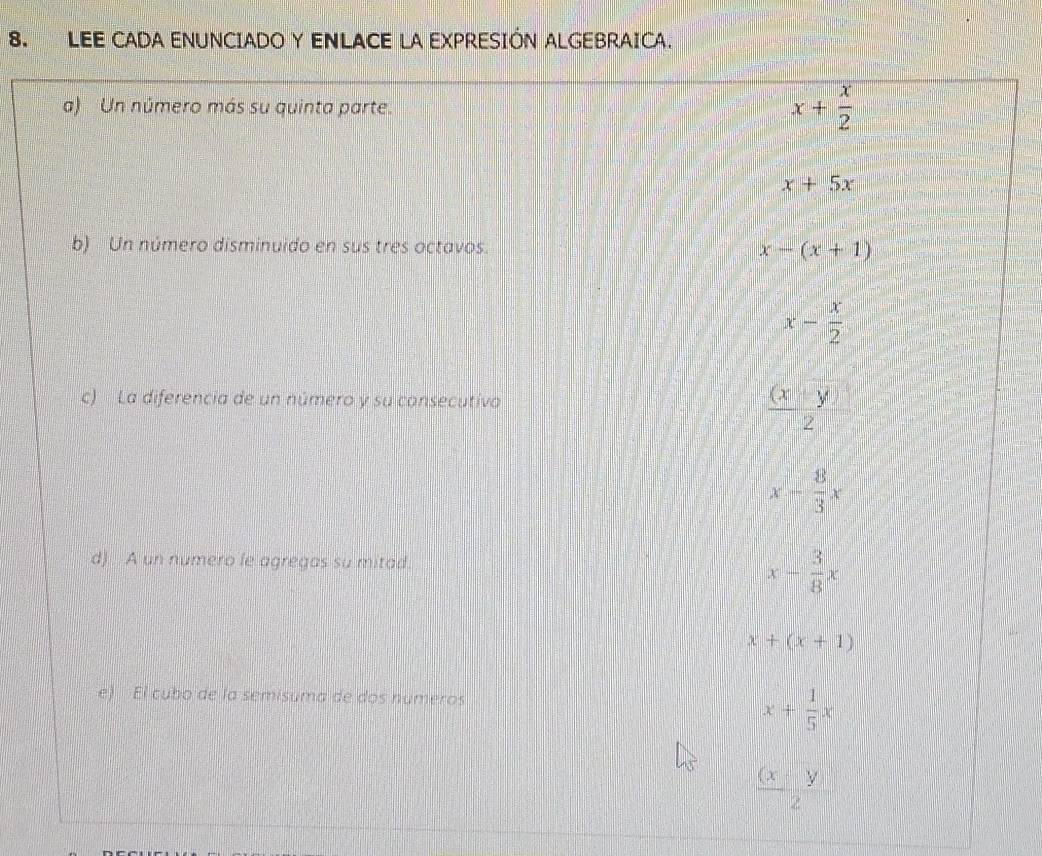 LEE CADA ENUNCIADO Y ENLACE LA EXPRESIÓN ALGEBRAICA.
a) Un número más su quinta parte.
x+ x/2 
x+5x
b) Un número disminuido en sus tres octavos. x-(x+1)
x- x/2 
c) La diferencia de un número y su consecutiva  ((x+y)/2 y
x- 8/3 x
d) A un numero le agregas su mitad.
x- 3/8 x
x+(x+1)
e) El cubo de la semisuma de dos numeros
x+ 1/5 x
(x· y