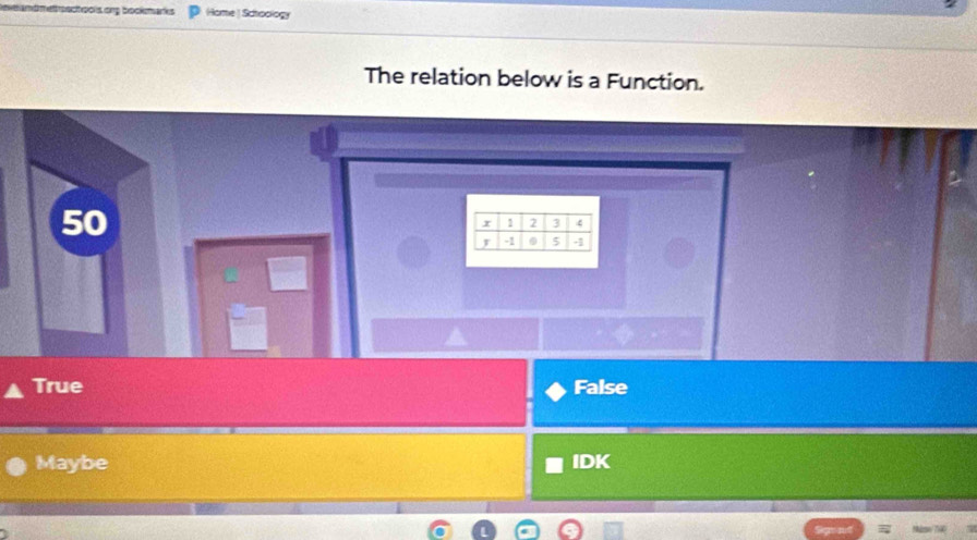 Hamdmetrachools .ong bockmarks (Home | Schoology
The relation below is a Function.
50
True False
Maybe IDK