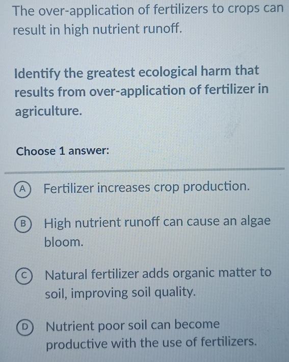 The over-application of fertilizers to crops can
result in high nutrient runoff.
Identify the greatest ecological harm that
results from over-application of fertilizer in
agriculture.
Choose 1 answer:
A Fertilizer increases crop production.
B) High nutrient runoff can cause an algae
bloom.
c) Natural fertilizer adds organic matter to
soil, improving soil quality.
D Nutrient poor soil can become
productive with the use of fertilizers.