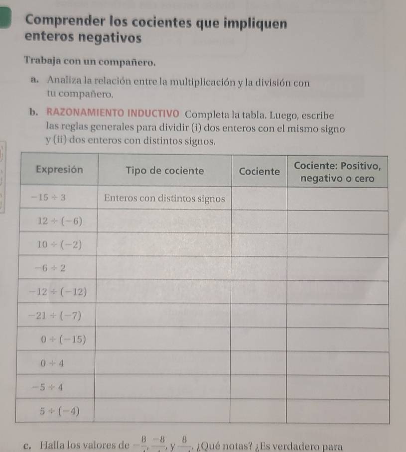 Comprender los cocientes que impliquen
enteros negativos
Trabaja con un compañero.
a. Analiza la relación entre la multiplicación y la división con
tu compañero.
b. RAZONAMIENTO INDUCTIVO Completa la tabla. Luego, escribe
las reglas generales para dividir (i) dos enteros con el mismo signo
y (ii) dos enteros con distintos signos.
c. Halla los valores de -frac 8,frac -8, V frac 8 ¿Qué notas? ¿Es verdadero para