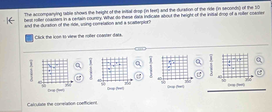 The accompanying table shows the height of the initial drop (in feet) and the duration of the ride (in seconds) of the 10
best roller coasters in a certain country. What do these data indicate about the height of the initial drop of a roller coaster 
and the duration of the ride, using correlation and a scatterplot? 
Click the icon to view the roller coaster data. 
'
5 W
7
1 .
5 r
5 40
5 40
40
40 350
50 350 50 350 50 350 50 Drop (feet) 
Drop (feet) Drop (feet) Drop (feet) 
Calculate the correlation coefficient.