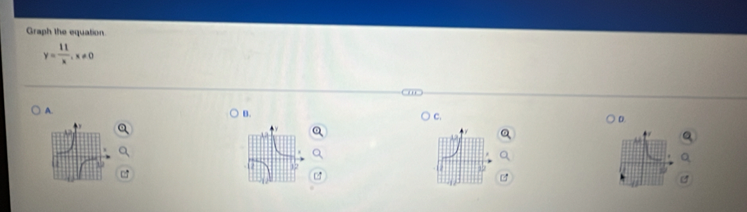 Graph the equation
y= 11/x , x!= 0
A. 
B. 
C. 
D