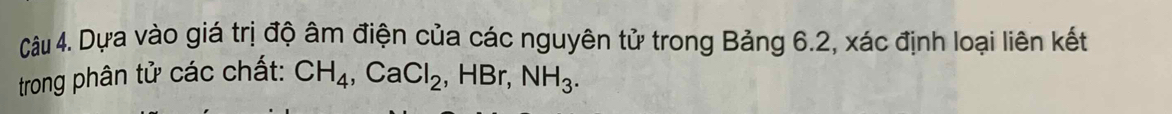 Dựa vào giá trị độ âm điện của các nguyên tử trong Bảng 6.2, xác định loại liên kết 
trong phân tử các chất: CH_4, CaCl_2, HBr, NH_3.