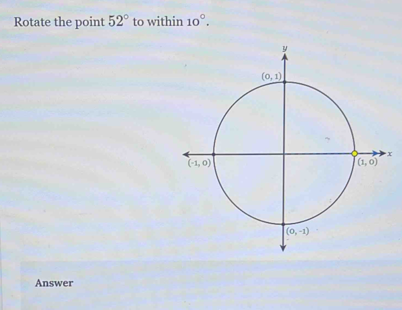 Rotate the point 52° to within 10°.
x
Answer