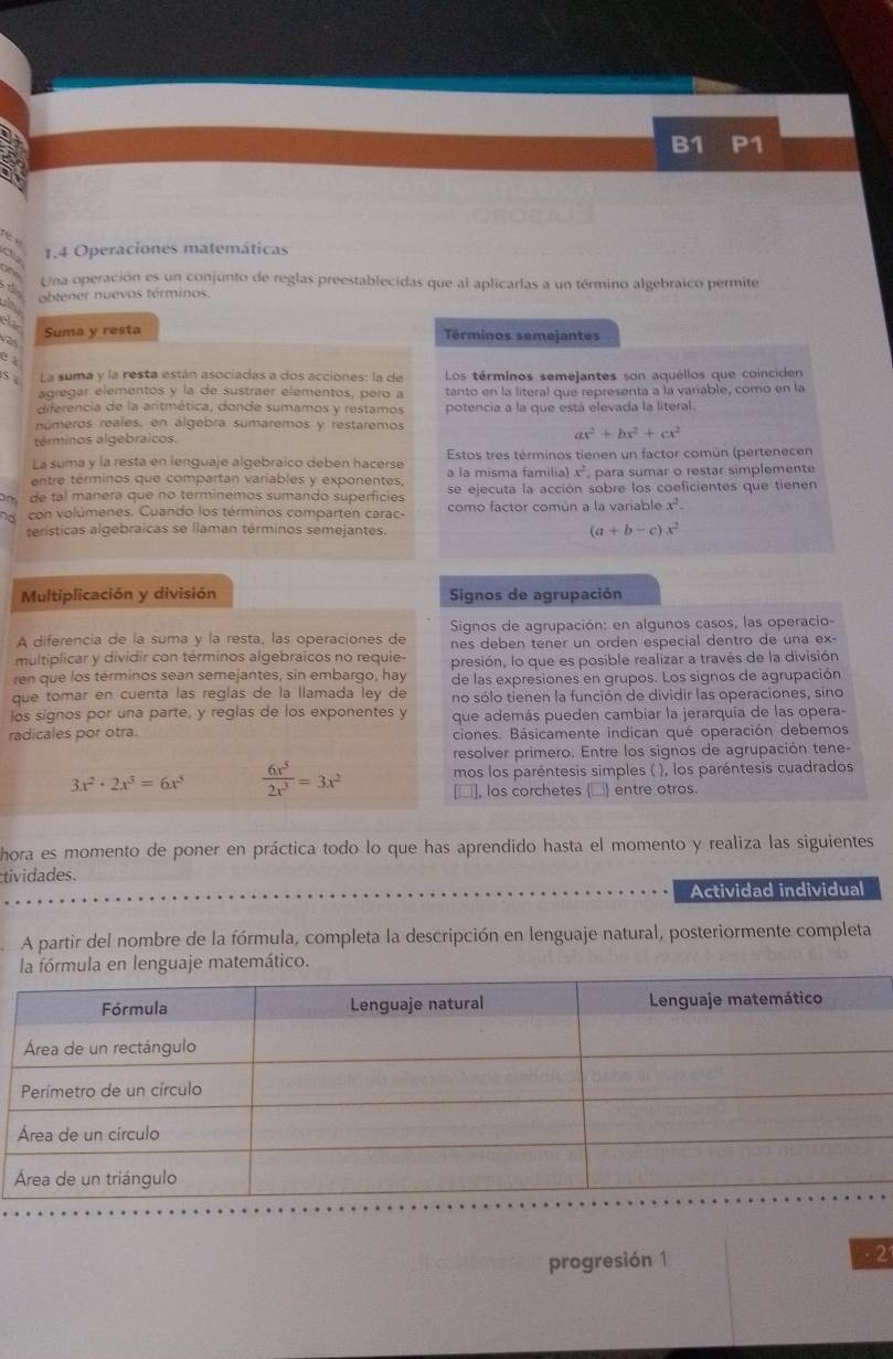 B1 P1
N c  y
○ 1.4 Operaciones matemáticas
Una operación es un conjunto de reglas preestablecidas que al aplicarlas a un término algebraico permite
obtener nuevos términos.
elar Suma y resta Términos semejantes
25
et
S La suma y la resta están asociadas a dos acciones: la de Los términos semejantes son aquéllos que coinciden
agregar elementos y la de sustraer elementos, pero a tanto en la literal que representa a la variable, como en la
diferencia de la aritmética, donde sumamos y restamos potencia a la que está elevada la literal.
números reales, en álgebra sumaremos y restaremos
términos algebraicos.
ax^2+bx^2+cx^2
La suma y la resta en lenguaje algebraico debén hacerse  Estos tres términos tienen un factor común (pertenecen
entre términos que compartan variables y exponentes, a la misma familia) x^2 , para sumar o restar simplemente
de tal manera que no terminemos sumando superficies se ejecuta la acción sobre los coeficientes que tienen
Do con volúmenes. Cuando los términos comparten carac- como factor común a la variable x^2.
terísticas algebraicas se llaman términos semejantes. (a+b-c)x^2
Multiplicación y división Signos de agrupación
A diferencia de la suma y la resta, las operaciones de  Signos de agrupación: en algunos casos, las operacio-
nes deben tener un orden especial dentro de una ex-
multiplicar y dividir con términos algebraicos no requie- presión, lo que es posible realizar a través de la división
ren que los términos sean semejantes, sin embargo, hay de las expresiones en grupos. Los signos de agrupación
que tomar en cuenta las reglas de la llamada ley de no sólo tienen la función de dividir las operaciones, sino
los signos por una parte, y reglas de los exponentes y que además pueden cambiar la jerarquía de las opera-
radicales por otra. ciones. Básicamente indican qué operación debemos
resolver primero. Entre los signos de agrupación tene-
3x^2· 2x^3=6x^5  6x^5/2x^3 =3x^2 mos los paréntesis simples ( ), los paréntesis cuadrados
], los corchetes □ entre otros.
hora es momento de poner en práctica todo lo que has aprendido hasta el momento y realiza las siguientes
tividades.
Actividad individual
A partir del nombre de la fórmula, completa la descripción en lenguaje natural, posteriormente completa
la fórmula en lenguaje matemático.
progresión 1
2