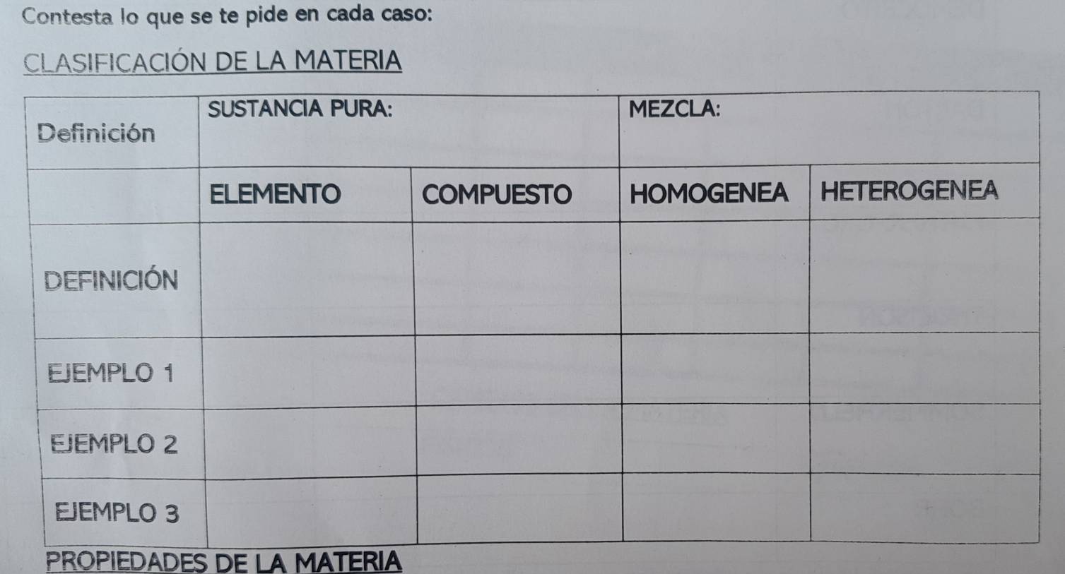 Contesta lo que se te pide en cada caso: 
CLASIFICACIÓN DE LA MATERIA 
PROPIEDADES DE LA MATERIA