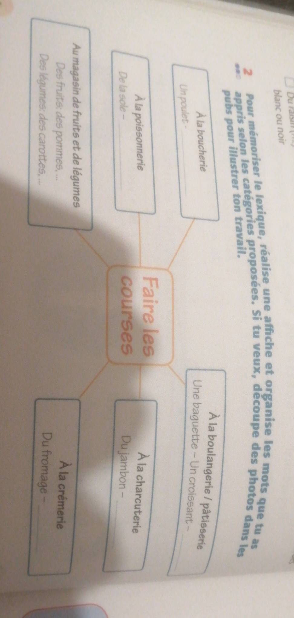 Du raisin ( 
blanc ou noir 
2 Pour mémoriser le lexique, réalise une affèche et organise les mots que tu as 
appris selon les catégories proposées. Si tu veux, découpe des photos dans les 
pubs pour illustrer ton travail. 
À la boulangerie / pâtisserie 
À la boucherie 
_ 
Une baguette - Un croissant - 
Un poulet -_ 
Faire les 
À la poissonnerie À la charcuterie 
courses 
De la sole - _Du jambon -_ 
Au magasin de fruits et de légumes 
Des fruits: des pommes, ... 
À la crémerie 
Des légumes: des carottes, ... 
Du fromage -_