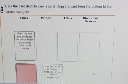 Click the card deck to view a card. Drag the card from the bottom to the
correct category.
Logos Pathos Ethos Rhetorical
Devices
Uses reason
and evidence
to prove their
argument clean and
concise
Has authority on subject
because of job title or
expertise