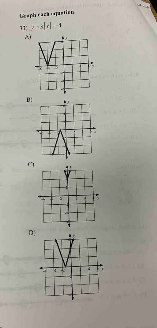 Graph each equation. 
33) y=3|x|+4
A 
B 
C 
D