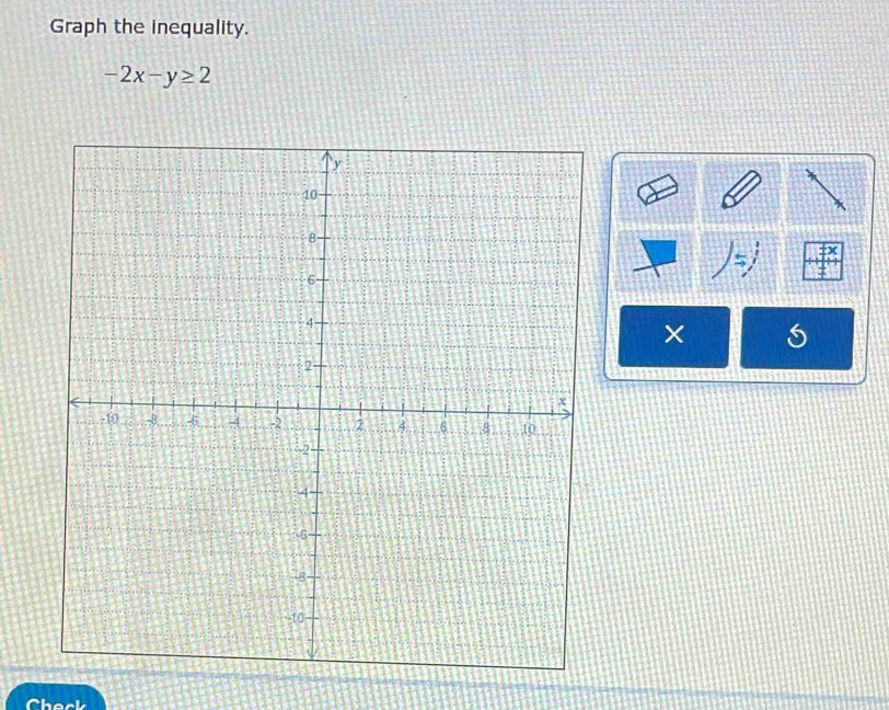 Graph the inequality.
-2x-y≥ 2
× 
Check