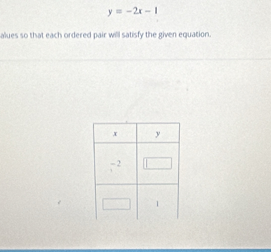 y=-2x-1
alues so that each ordered pair will satisfy the given equation.