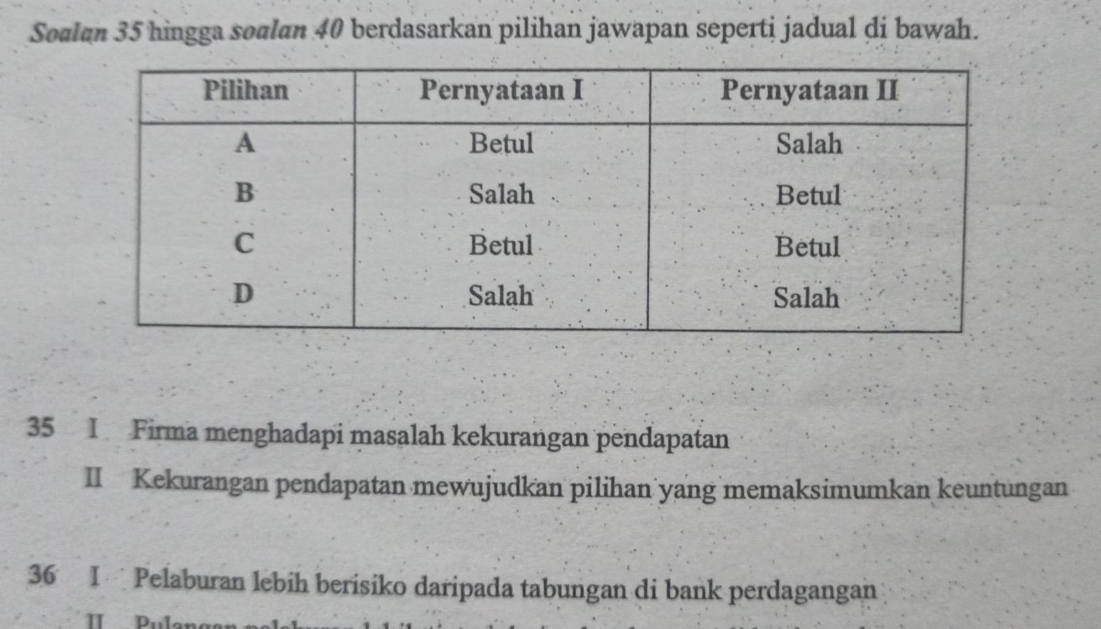 Soalan 35 hingga soalan 40 berdasarkan pilihan jawapan seperti jadual di bawah.
35 I Firma menghadapi masalah kekurangan pendapatan 
II Kekurangan pendapatan mewujudkan pilihan yang memaksimumkan keuntungan
36 I Pelaburan lebih berisiko daripada tabungan di bank perdagangan 
II Pu