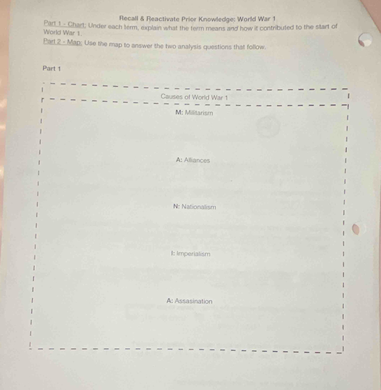 Recall & Reactivate Prior Knowledge: World War 1
Part 1 - Chart: Under each term, explain what the term means and how it contributed to the start of
World War 1.
Part 2 - Map; Use the map to answer the two analysis questions that follow.
Part 1
Causes of World War 1
M: Militarism
A: Alliances
N: Nationalism
I: Imperialism
A: Assasination