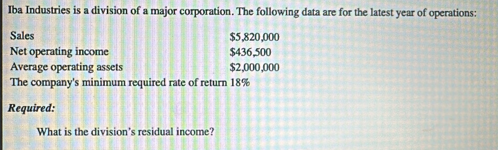 Iba Industries is a division of a major corporation. The following data are for the latest year of operations: 
Sales $5,820,000
Net operating income $436,500
Average operating assets $2,000,000
The company's minimum required rate of return 18%
Required: 
What is the division's residual income?