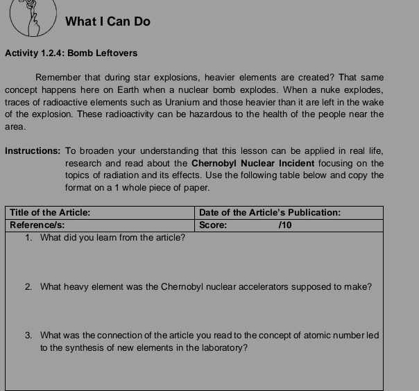 What I Can Do 
Activity 1.2.4: Bomb Leftovers 
Remember that during star explosions, heavier elements are created? That same 
concept happens here on Earth when a nuclear bomb explodes. When a nuke explodes, 
traces of radioactive elements such as Uranium and those heavier than it are left in the wake 
of the explosion. These radioactivity can be hazardous to the health of the people near the 
area. 
Instructions: To broaden your understanding that this lesson can be applied in real life, 
research and read about the Chernobyl Nuclear Incident focusing on the 
topics of radiation and its effects. Use the following table below and copy the 
format on a 1 whole piece of paper.