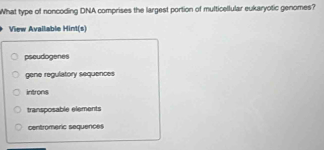 What type of noncoding DNA comprises the largest portion of multicellular eukaryotic genomes?
View Available Hint(s)
pseudogenes
gene regulatory sequences
introns
transposable elements
centromeric sequences