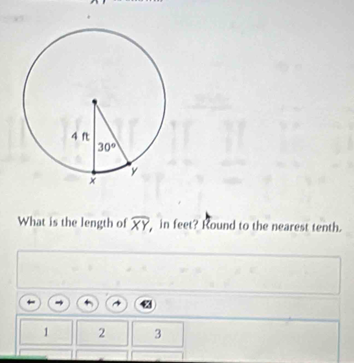 What is the length of widehat XY in feet? Kound to the nearest tenth.
1 2 3