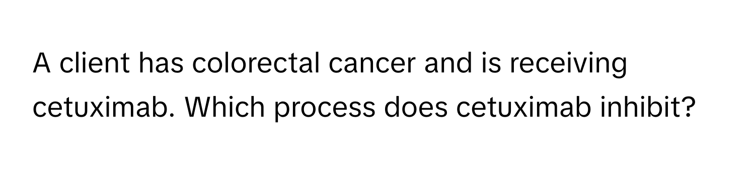 A client has colorectal cancer and is receiving cetuximab. Which process does cetuximab inhibit?