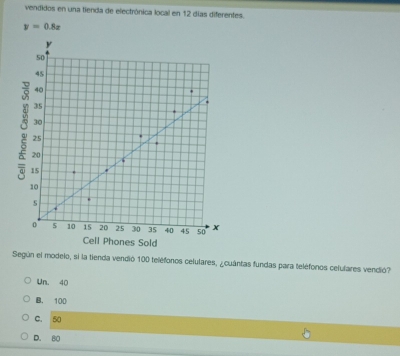 vendidos en una tienda de electrónica local en 12 días diferentes.
y=0.8x
Según el modelo, si la tienda vendió 100 teléfonos celulares, ¿cuántas fundas para teléfonos celulares vendió?
Un. 40
B. 100
C. 50
D. 80