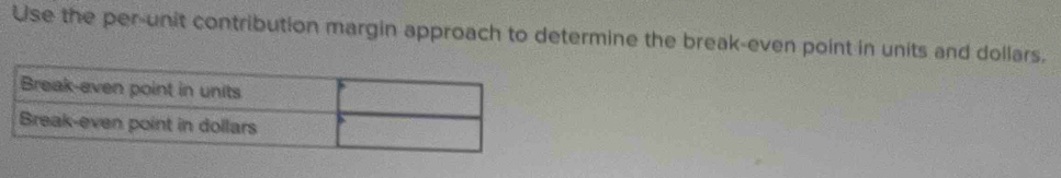 Use the per-unit contribution margin approach to determine the break-even point in units and dollars.